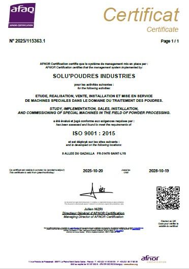 Certificat ISO 9001 Solu’Poudres Industries
